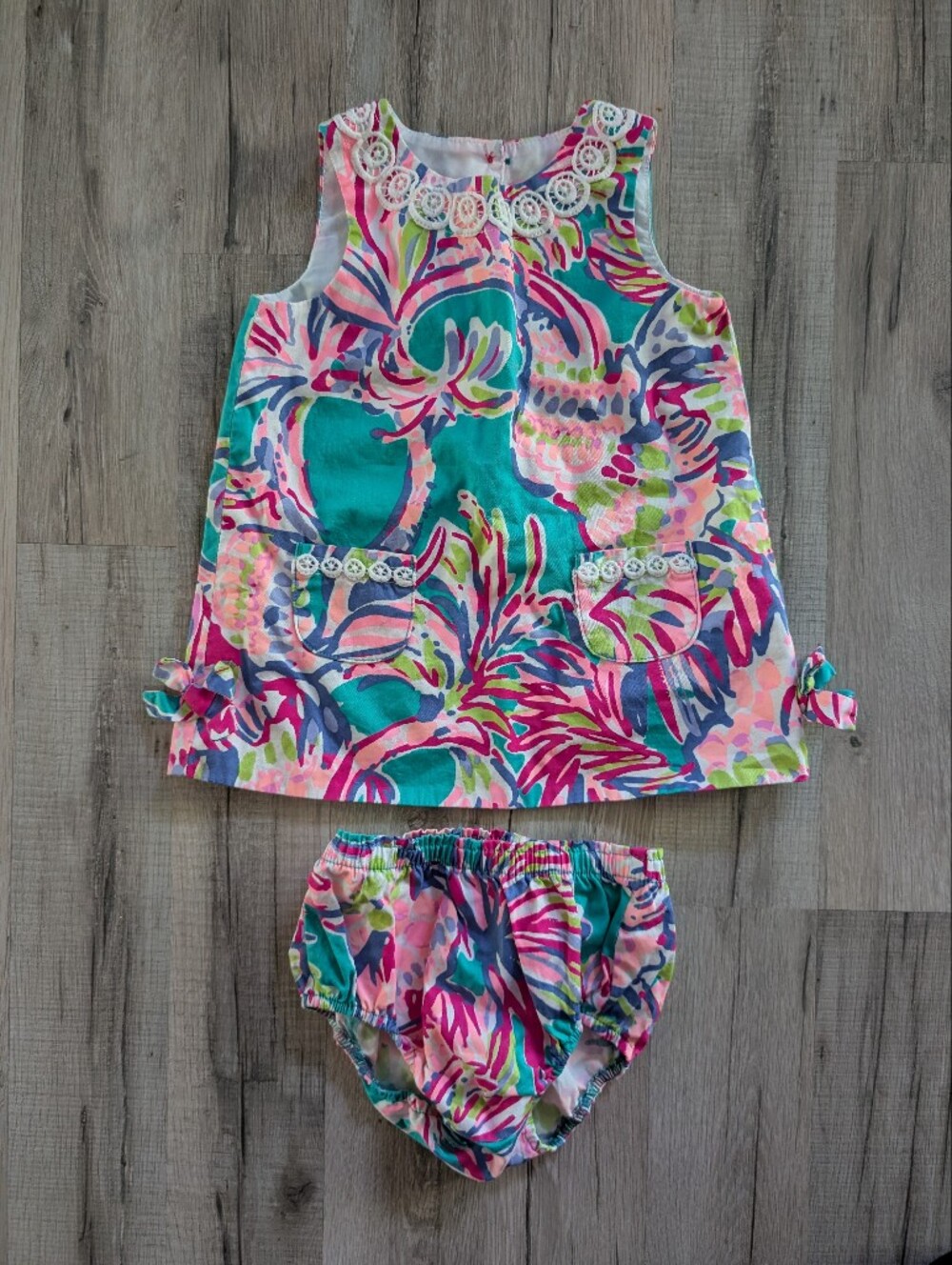 Lilly Pulitzer Multicolor Teal Pink Tropical Dress Bloomers Set, 18-24m (V8)